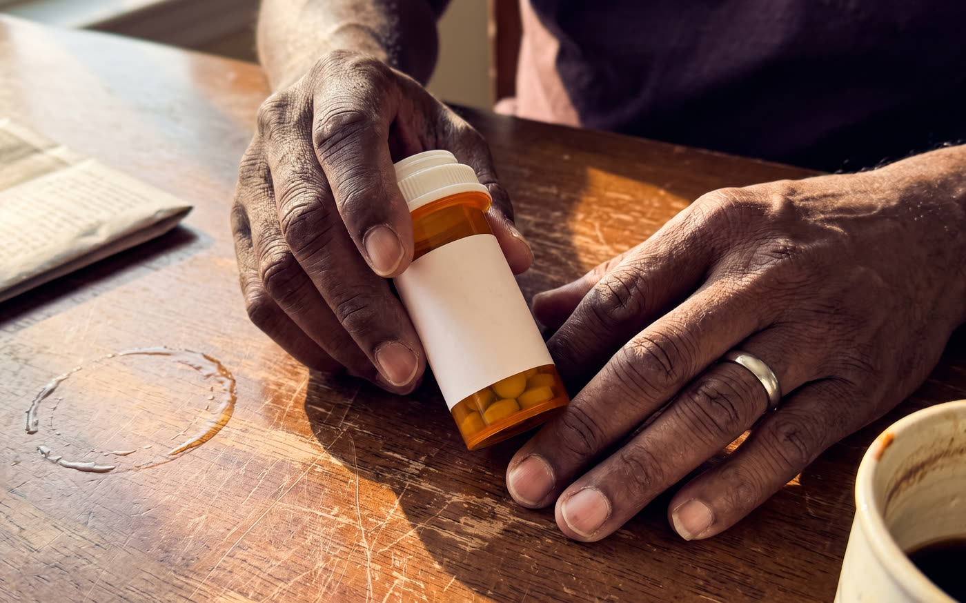 A man’s hands holding a prescription bottle at a kitchen table