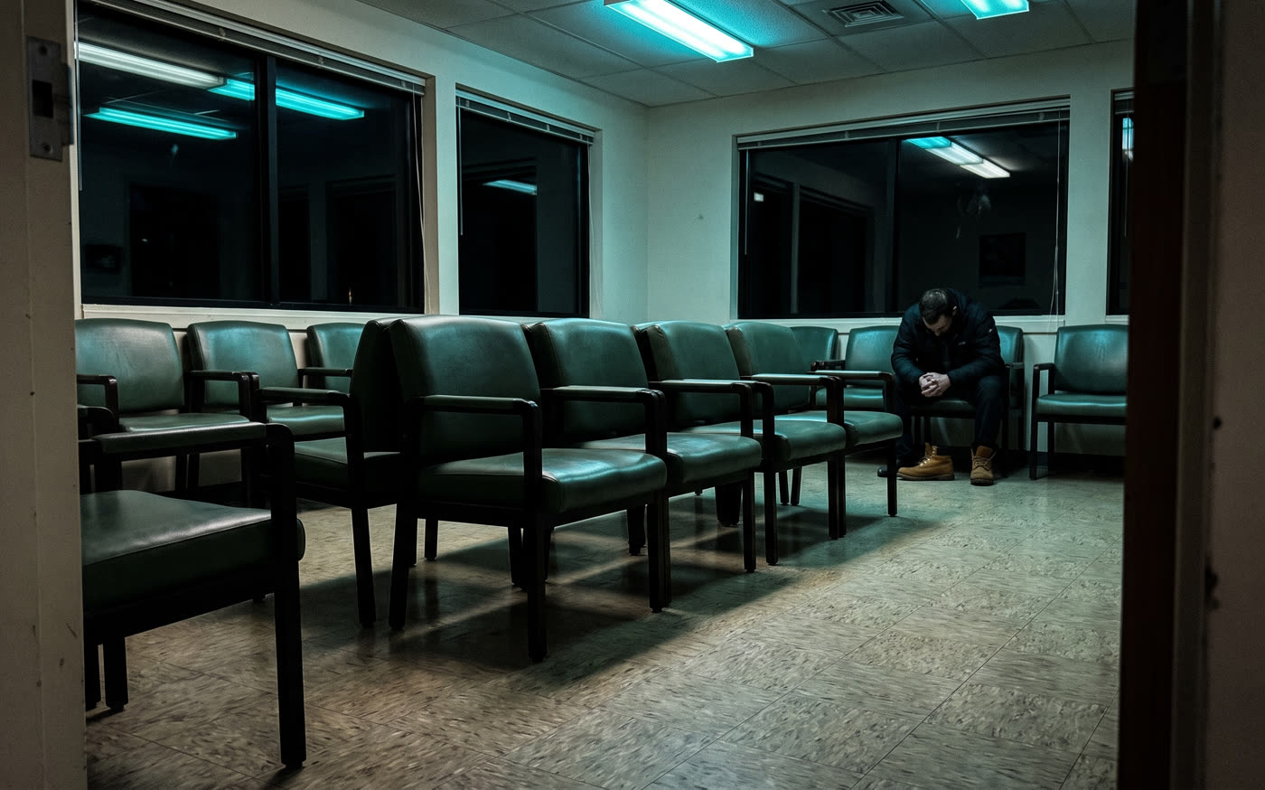 An empty urgent care waiting room at night