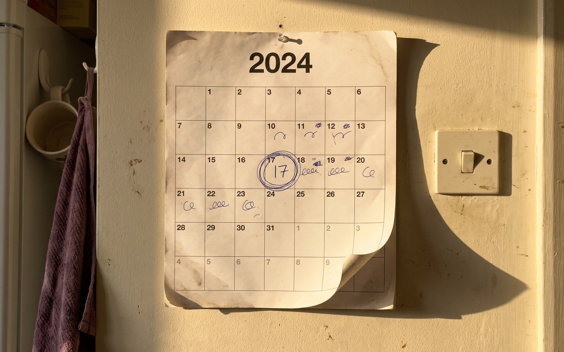 A kitchen wall calendar with one date circled