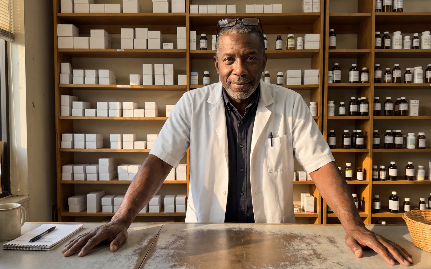 A pharmacist behind a neighborhood drugstore counter