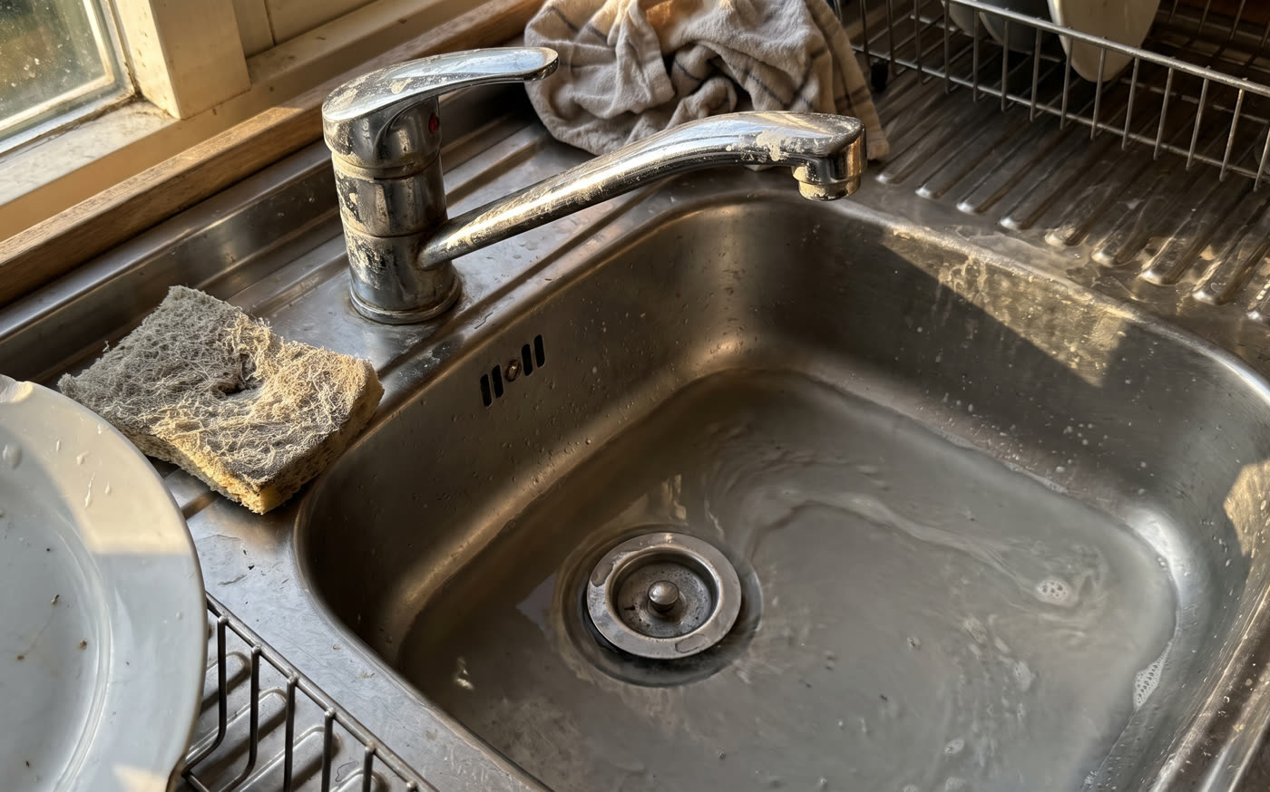 A kitchen sink draining slowly