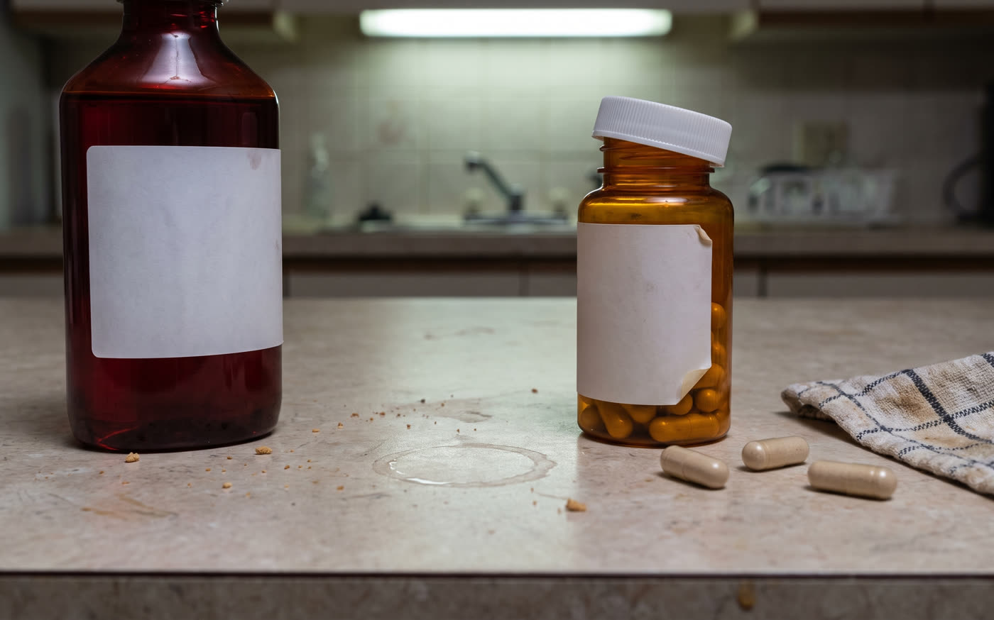 A supermarket cherry juice bottle beside a generic capsule bottle