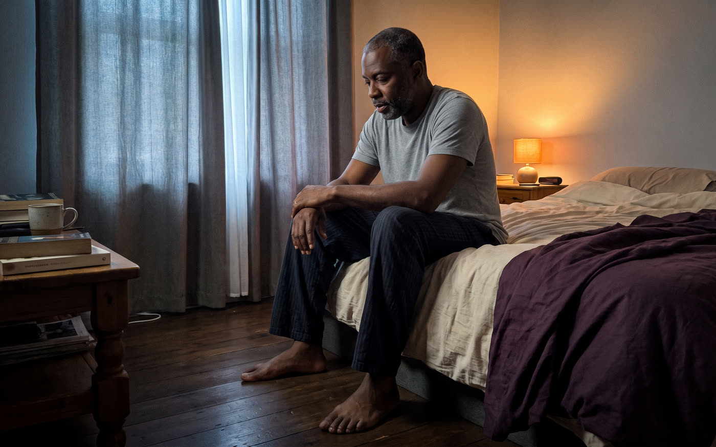 A man sitting on the edge of his bed at dawn