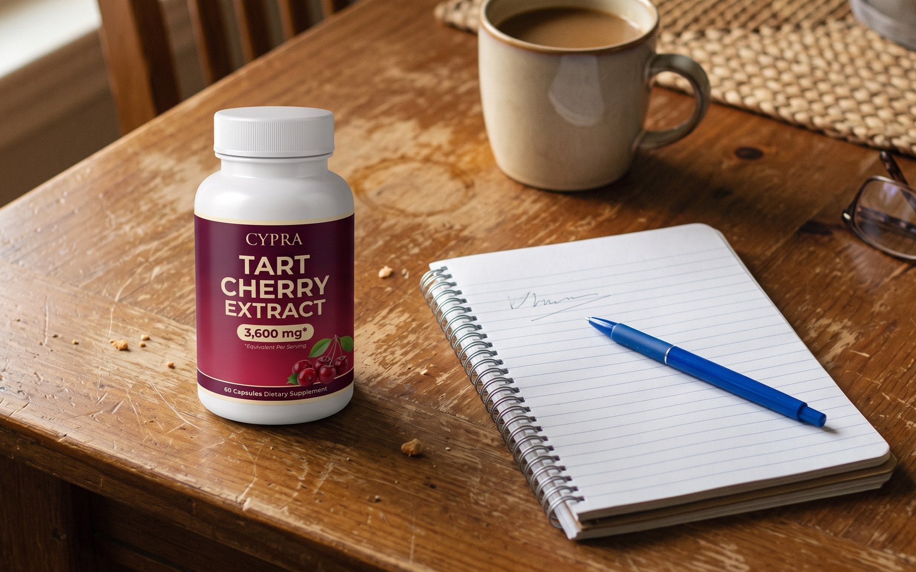 CYPRA Tart Cherry Extract beside a lab slip on a kitchen table