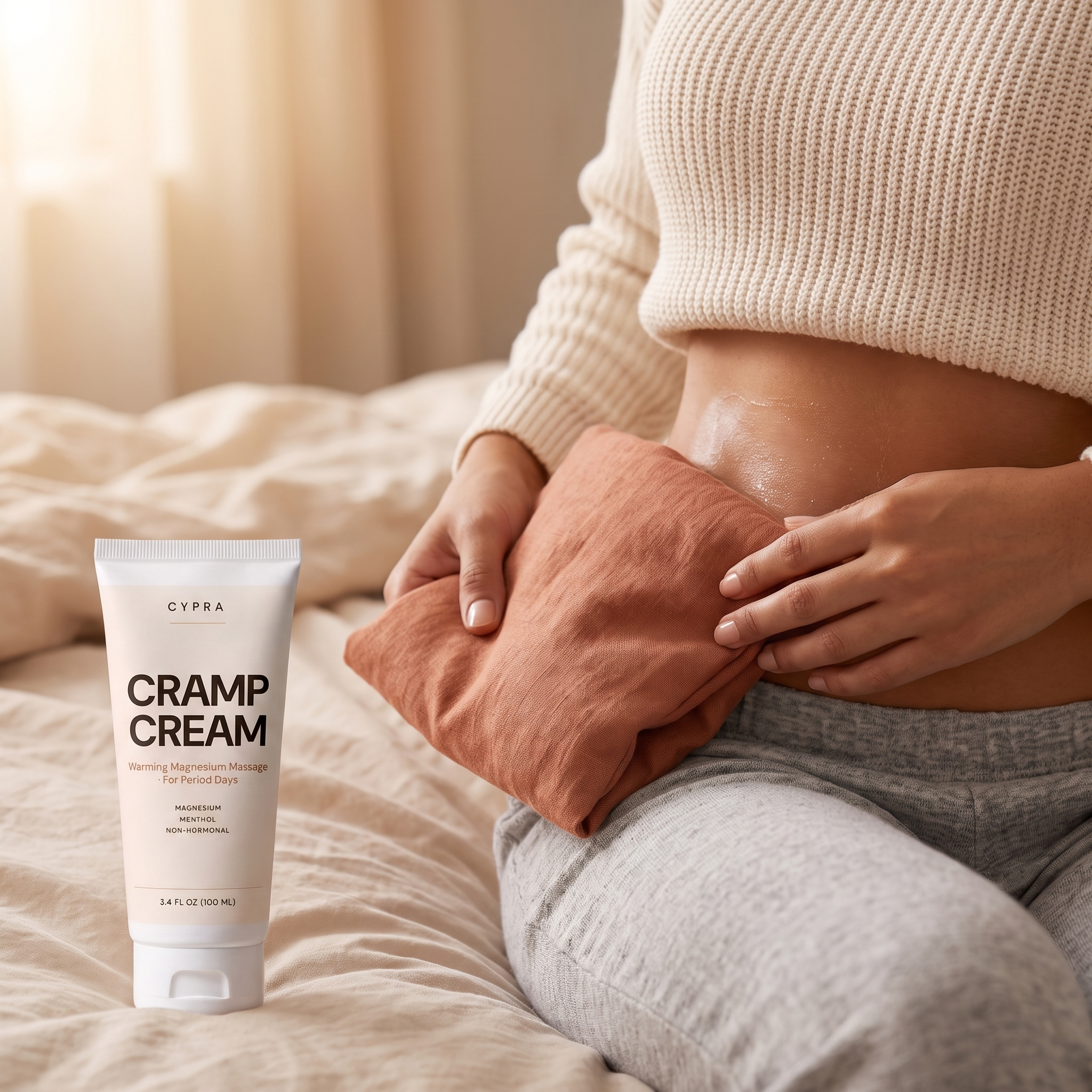 Lowering a heating pad over the cream, tube in the foreground