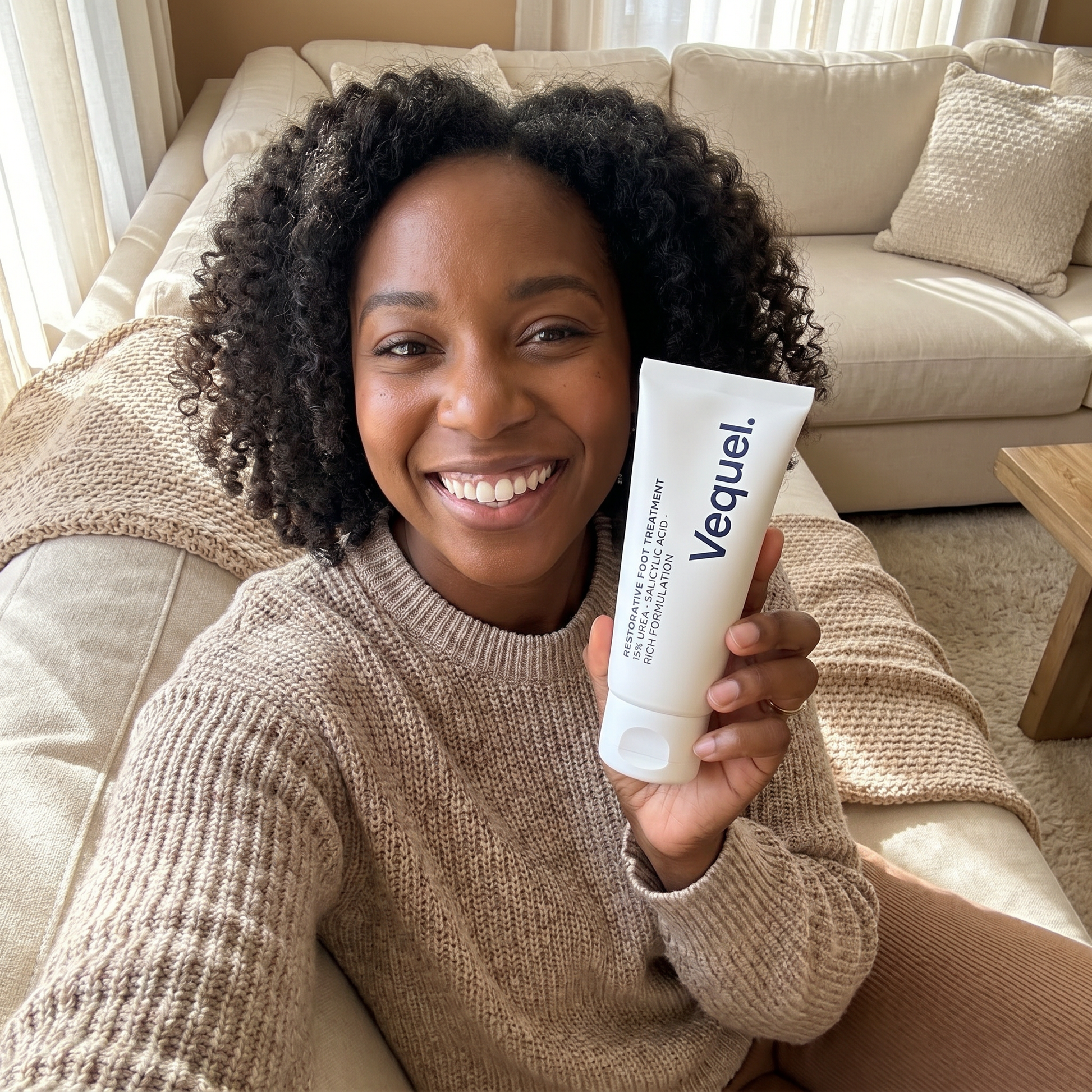 Happy Vequel customer holding the tube